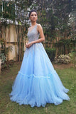 Sky Blue A Line Tulle V Neck Long Prom Gown,Sweet 16 Dresses OKB25