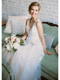 Simple Lace Applique A Line V Neck Tulle Beach Wedding Dresses OKF86