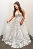 A Line V Neck Spaghetti Straps Lace Boho Wedding Dress Elegant Bridal Dress OK1094