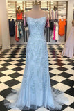 Blue Lace Applique Mermaid Sexy Charming Long Prom Dresses OKE39