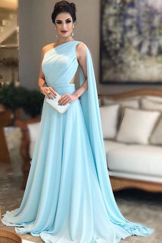 Light Blue One Shoulder Chiffon Formal Prom Gowns, Simple Bridesmaid Dresses OKI35