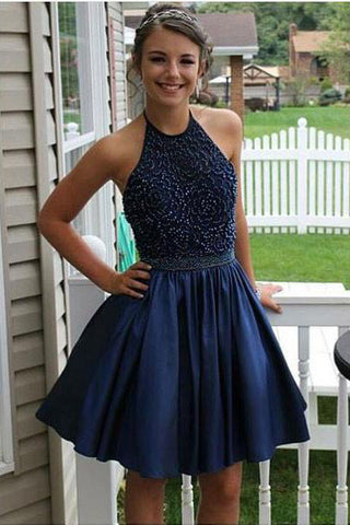 Royal Blue Homecoming Dresses,A Line Homecoming Dress,Beaded Prom Dresses,Halter Prom Dress,Short Prom Dress,High Neck Homecoming Dresses,Beading Homecoming Dress