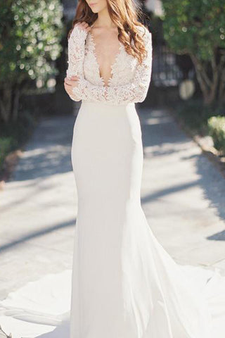 2018 Wedding Dresses,Sexy Wedding Dress,V-Neck Wedding Dresses,Long Sleeve Wedding Dresses,Mermaid Wedding Dress