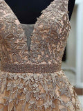 A Line V Neck Long Lace Applique Prom Dress Cheap Ball Gown OKH44