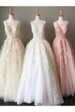 A Line Long Lace Applique Prom Dress Cheap Tulle Evening Dresses OKH43