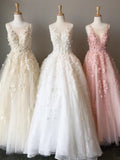 A Line Long Lace Applique Prom Dress Cheap Tulle Evening Dresses OKH43