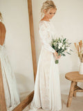 Long Sleeve Ivory Lace See Through Backless Beach Boho Wedding Dress OKF81