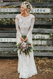 Long Sleeve Ivory Lace See Through Backless Beach Boho Wedding Dress OKF81