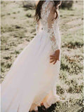 A Line Long Sleeves Lace Appliqued Ivory Beach Wedding Dress OKF83