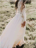 A Line Long Sleeve Lace Appliqued Ivory Beach Wedding Dresses OKF83