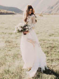 A Line Long Sleeve Lace Appliqued Ivory Beach Wedding Dresses OKF83