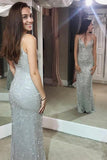 Shiny Mermaid Spaghetti Sheath Silver Long Sexy Prom Dress OKG35