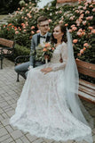 A-line Long Sleeves Lace Beach Wedding Dress V Neck Boho Wedding Dress OK1647