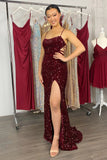 Black Sequin Mermaid Spaghetti Straps Long Prom Dresses with Slit OK1689
