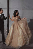 Sparkly Gold Sequins Spaghetti Straps Backless Long Prom Gowns Evening Dress OK1123