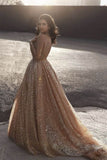 Sparkly Gold Sequins Spaghetti Straps Backless Long Prom Gowns Evening Dress OK1123