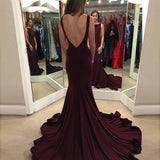 Elegant Mermaid Burgundy Sweep Train Prom Dresses with Open Back OK132