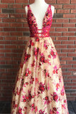 Beautiful V neck Beaded Long A-line Red Floral Prom Dresses OK911