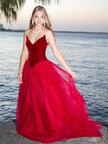 Burgundy A-line Tulle Strapless Prom Dress Long Formal Ball Dress Evening Dress OKX76