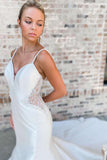 Off White V-Neck Beaded Mermaid Satin Spaghetti Straps Long Wedding Dress OK1537