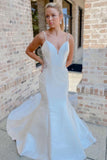 Off White V-Neck Beaded Mermaid Satin Spaghetti Straps Long Wedding Dress OK1537