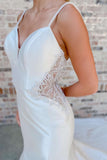 Off White V-Neck Beaded Mermaid Satin Spaghetti Straps Long Wedding Dress OK1537