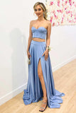 Periwinkle Two-Pieces Strapless A-Line Long Prom Gown Formal Evening Dress OK1752