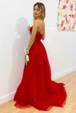 Red Sweetheart A-Line Tulle Long Prom Dress with Lace Appliques OK1751