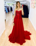 Red Sweetheart A-Line Tulle Long Prom Dress with Lace Appliques OK1751