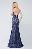 Elegant Mermaid Scoop Sleeveless Blue Lace Long Prom Dress,Evening Dresses OKA66