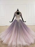 Sparkly Ball Gown Half Sleeves Ombre Quinceanera Dress with Flowers OKS90