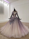 Sparkly Ball Gown Half Sleeves Ombre Quinceanera Dress with Flowers OKS90