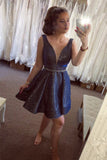 Sparkly Dark Blue Deep V Neck A Line Short Homecoming Dress Graduation Dress OKZ43