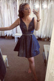 Sparkly Dark Blue Deep V Neck A Line Short Homecoming Dress Graduation Dress OKZ43