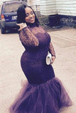 Elegant Mermaid High Neck Long Sleeves Lace Floor-Length Tulle Plus Size Prom Dress OKF39
