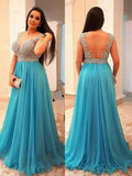 A-Line V-neck Sleeveless Beading Chiffon Ice Blue Plus Size Dress OKF44