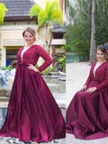 A-Line V-neck Long Sleeves Beading Plus Size Prom Dress OKF38