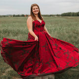 New Arrival Burgundy Sweetheart Floral Long Plus Size Prom Dress with Pockets OKH67