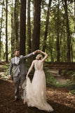 A Line Spaghetti Straps Appliques Backless Long Tulle Wedding Dress OK1076