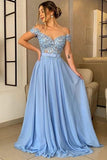 Off the Shoulder A Line Chiffon Blue Long Prom Sresses Appliques Evening Dress OK1330