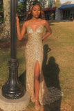Mermaid Gold Sequin Sheath Spaghetti Straps Long Prom Dress With Side Slit OK1272