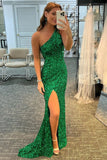 One Shoulder Mermaid Shiny Green Sequins Long Prom Dress  Formal Graduation Evening Dress OK1342