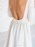 Simple White A-line Satin Sweep Train 3/4 Sleeves Backless Wedding Dresses OK740