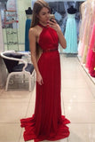 Nice Red Long High Low Open Back Beading Cheap Prom Dress K635