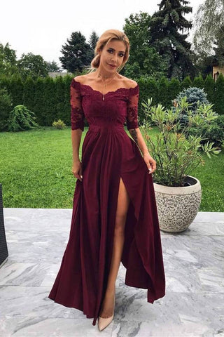 Off the Shoulder Half Sleeve Burgundy Modest Prom Dresses,Bridesmaid Dresses with Slit OKH99