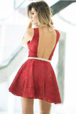 Sexy A-Line Illusion Red Lace Mini Homecoming Dresses with Beading OKA99