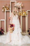 Princess Aline Pale Blush Pink Wedding Dress with Tulle Tiered Skirt OK1430