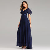 A Line Chiffon Short Sleeves Long V Neck Prom Dress XU90812