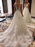 Sparkly A Line/Princess V-neck Sleeveless Applique Backless Wedding Dress OK1120