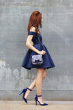 Simple Dark Blue A-Line Off-The-Shoulder Satin Short Homecoming Dresses With Pleats OK468
